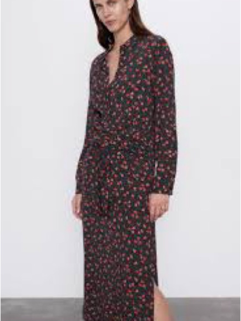 Black Floral Long Sleeve Maxi Dress with Red/Pink Accent